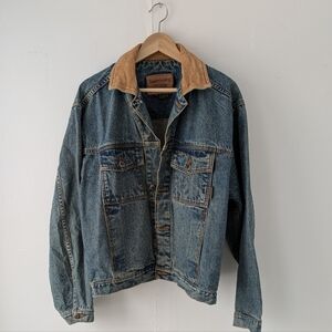 Vintage Timberland Blue Denim Jacket with Leather Collar Men's Size XS